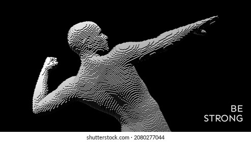 Portrait of aggressive men swinging his fist. Ready to fight. Domestic violence. Voxel art. 3D vector illustration.