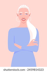 Portrait of an albino African woman stands with arms crossed. Diversity. Vector flat illustration