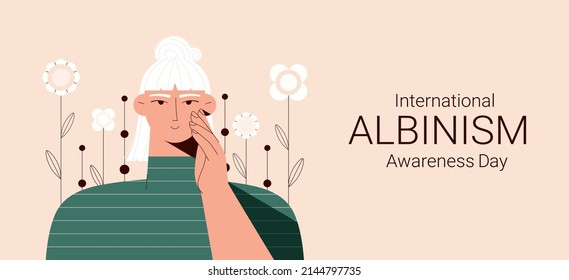 Portrait of albino woman. Vector illustration of woman with albinism taking care of her skin. International albinism  awareness day. Albinism.Genetic rare disorder.Self care,body positive concept.