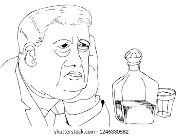 Portrait of an alcoholic. Portrait of a man with vodka. Hand drawn illustrations for coloring