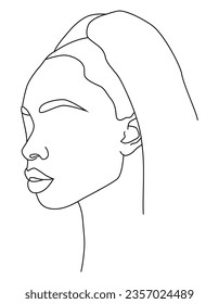 Portrait entlang der Linien. Abstrakte künstlerische Zeichnung einer weiblichen Gesichtslinie. Weibliche Gesichtshaut kontinuierliche Zeichnung von Linien. Abstraktes minimales weibliches Porträt. Logo, Symbol.