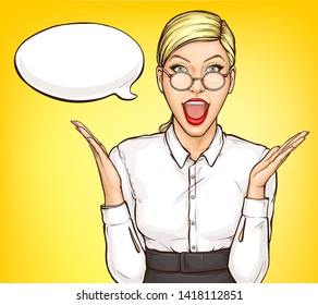 Portrait of amazed young woman in strict clothing and glasses, open mouth, raising hands and looking with surprising pop art vector illustration. Unbelievable sale ad banner with blank speak bubble