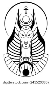 Portrait of Ancient Egyptian god Anubis. Deity with canine head. God of death logo tattoo. Ancient Egyptian God in black and white style vector illustration isolated on a white background