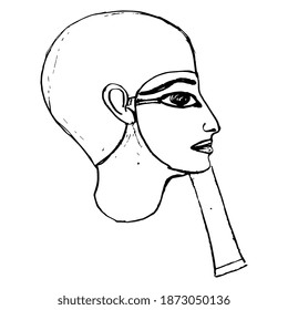 Portrait of ancient Egyptian man. Head of God Ptah. Pharaoh with fake beard in profile. Hand drawn linear rough sketch. Black silhouette on white background.