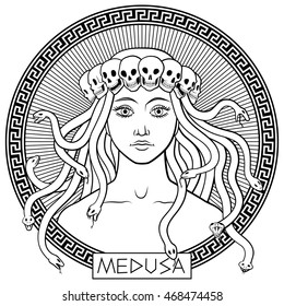 Portrait of ancient greek mythical character Medusa Gorgona in a crown of skulls. Hand-drawn black and white vector illustration