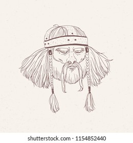 Portrait of ancient warrior with beard and braids hand drawn with contour lines on light background. Drawing of head of Nordic or Scandinavian legendary hero, viking. Monochrome vector illustration