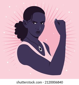 Portrait of an angry African woman in half-turn showing her arm and muscles. Women’s rights and diversity. Avatar for social media. Vector illustration in flat style.