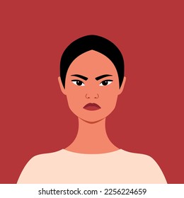 Portrait of an angry Asian woman. Grumpy girl. Felleing anger. Full face portrait in flat style. Human emotions