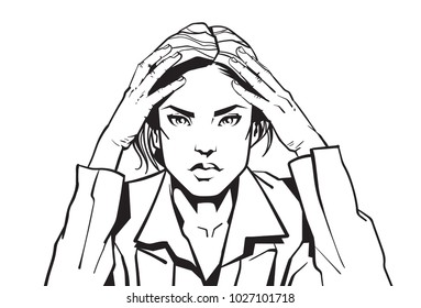 Portrait Of Angry Business Woman Holding Head With Headacke Sketch Businesswoman Tired Or Upset Vector Illustration
