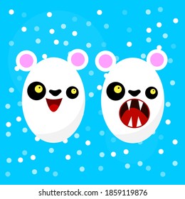 Portrait of an angry and cheerful polar bears on a background of falling snow concept of the cold season and animals