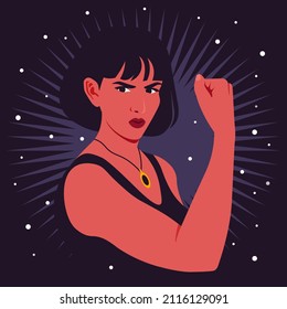 Portrait of an angry Hispanic woman in half-turn showing her arm and muscles. Gesture. Women’s rights and diversity. Avatar for social media. Vector illustration in flat style.