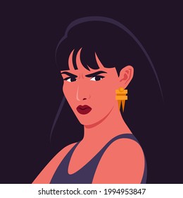 The portrait of an angry Latin American woman in half-turn. The avatar for social networks. Vector illustration in flat style.