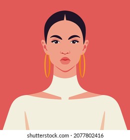 The portrait of an angry Latin American woman. The avatar for social media. Vector illustration in flat style.