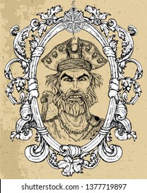 Portrait of angry pirate captain with beard and parrot on texture background. Hand drawn engraved vector illustration of sailor, seaman or seafarer in old vintage style