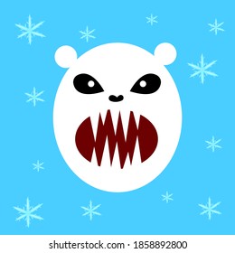portrait of an angry polar bear with sharp fangs close up on a blue background with snowflakes concept of winter and cold season
