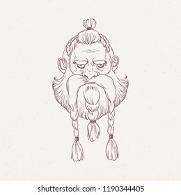 Portrait of angry Scandinavian warrior or berserker with braids hand drawn with outlines on light background. Head of god Odin, Beowulf or legendary Nordic hero. Monochrome vector illustration.