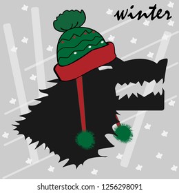 A portrait of an angry wolf, he wears a winter hat. Design, greeting card of the beginning of winter.