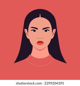 The portrait of an angry woman. The avatar for social media. Vector illustration in flat style.