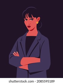 Portrait of an angry woman with crossed arms  and wearing in a business suit in half-turn. Latin American boss. Office professions. Vector flat illustration.