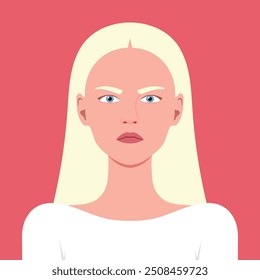 Portrait of an angry young woman with blond hair. Facial expression of an anger, gloomy and wrath. Vector illustration