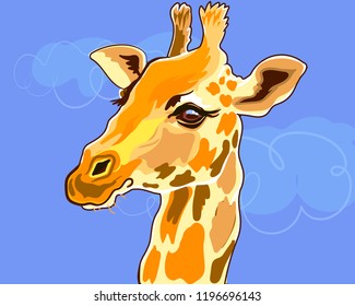 Portrait of an animal giraffe, head on a blue sky. Beautiful animal in Africa. Cute giraffe head close-up. Vector illustration of pop art stylization.