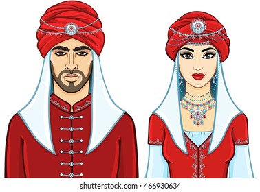 Portrait of an animation Arab family in ancient clothes. The vector illustration isolated on a white background.