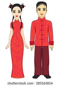Portrait of an animation Chinese family in traditional clothes. Full growth. Isolated on a white background.