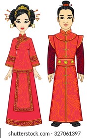 Portrait of an animation Chinese family in traditional clothes. Full growth. Isolated on a white background.