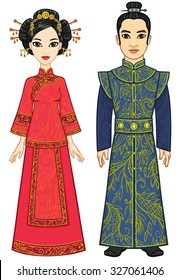 Portrait of an animation Chinese family in traditional clothes. Full growth. Isolated on a white background.