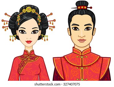 Portrait of an animation Chinese family in traditional clothes. Isolated on a white background.