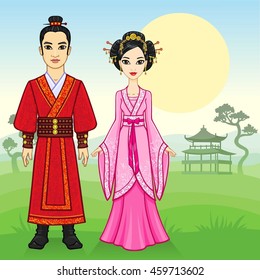 Portrait of an animation Chinese family in traditional clothes. Full growth. Background - a summer mountain landscape. Vector illustration.