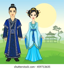 Portrait of an animation Chinese family in traditional clothes. Full growth. Background - a summer mountain landscape. Vector illustration.