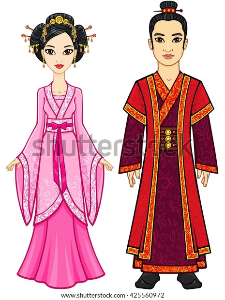 Portrait Animation Chinese Family Traditional Clothes Stock Vector ...