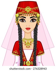 Portrait of animation east princess in ancient clothes. Isolated on a white background.