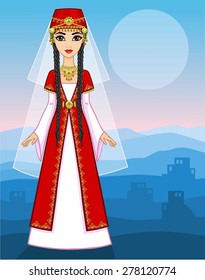 Portrait of animation east princess in ancient clothes. Full growth.