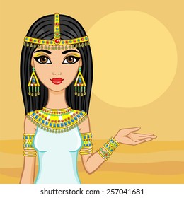 Portrait of the animation Egyptian princess. Background desert.