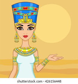 Portrait of the animation Egyptian princess. Background desert. Vector illustration.