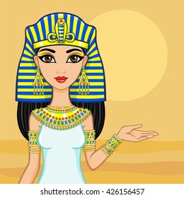 Portrait of the animation Egyptian princess. Background desert. Vector illustration.