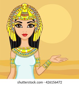 Portrait of the animation Egyptian princess. Background desert. Vector illustration.