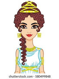 Portrait of the animation woman in  ancient  dress. Stylization Ancient Greece, Ancient Rome.  Vector illustration isolated on a white background. 