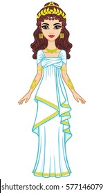 Portrait of the animation woman in  ancient Greek dress. Full growth. Vector illustration isolated on a white background. 