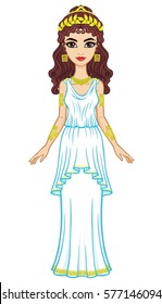 Portrait of the animation woman in  ancient Greek dress. Full growth. Vector illustration isolated on a white background. 
