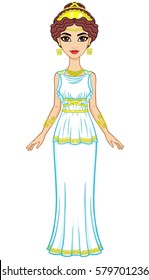 Portrait of the animation woman in  ancient Greek dress. Full growth. Vector illustration isolated on a white background. 