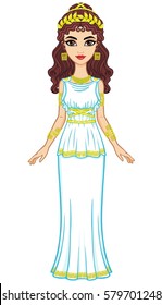 Portrait of the animation woman in  ancient Greek dress. Full growth. Vector illustration isolated on a white background. 