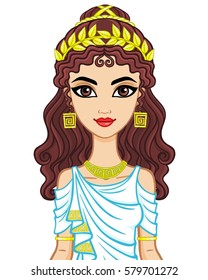 Portrait of the animation woman in  ancient Greek dress. Vector illustration isolated on a white background. 
