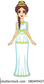 Portrait of the animation woman in  ancient Greek dress. Full growth. Vector illustration isolated on a white background. 