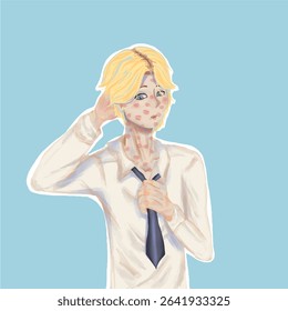 Portrait of anime character boy,cartoon illustration on blue.Avatar