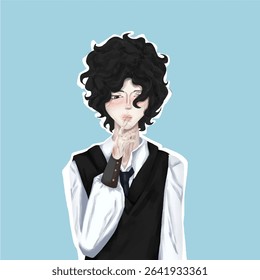 Portrait of anime character boy,cartoon illustration on blue.Avatar