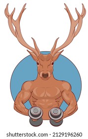 Portrait of an anthropomorphic muscular strong deer with two dumbbells in his hands. The concept of training in the gym, exercises, sports. Vector illustration in lineart style