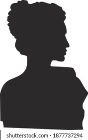 Portrait of antique lady. Beautiful female head in profile.  Black silhouette of ancient Greek lady. Isolated vector illustration. Black silhouette on white background.